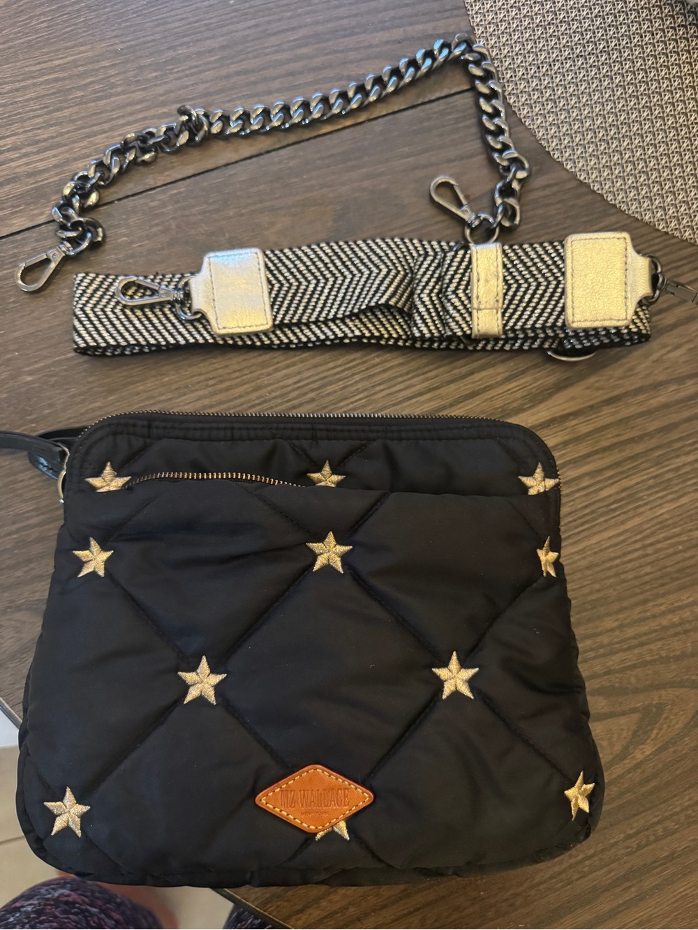 MZ WALLACE Black Quilted Crossbody with Gold Stars & Patterned Strap - Picture 7 of 9
